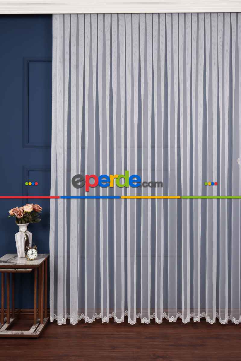 Grek Etek Ucu İşlemeli Nakış Tül Ekru Renk - Kırık Beyaz- Ekru