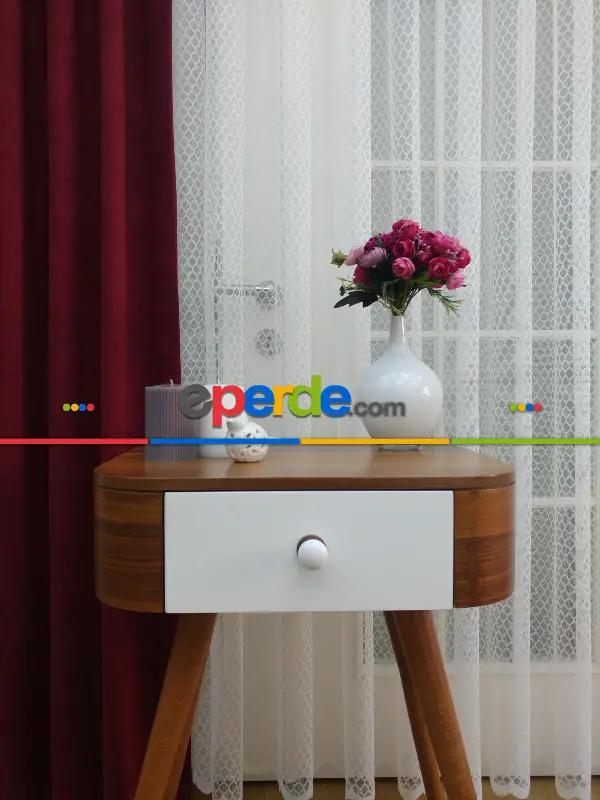 Petek Desenli Tül Perde- Ekru