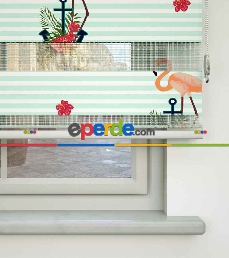 Flamingo Desenli Baskılı Zebra Perde- Çok Renkli