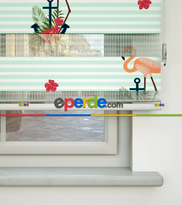 Flamingo Desenli Baskılı Zebra Perde- Çok Renkli