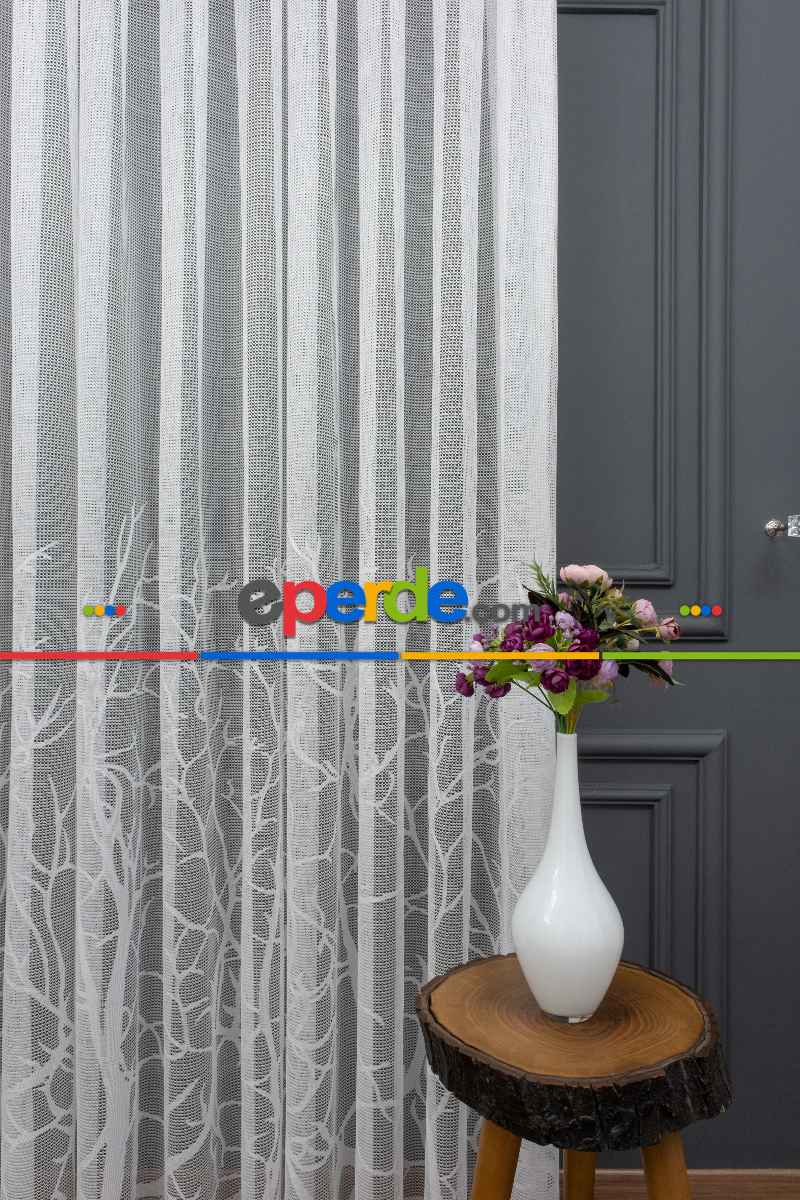 Salon - Dal Desenli Örme Tül - Ekru