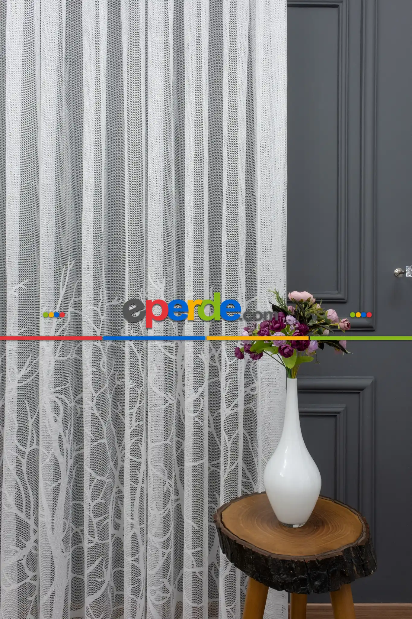 Eteği Dal Ağaç Desenli Örme Tül - Ekru