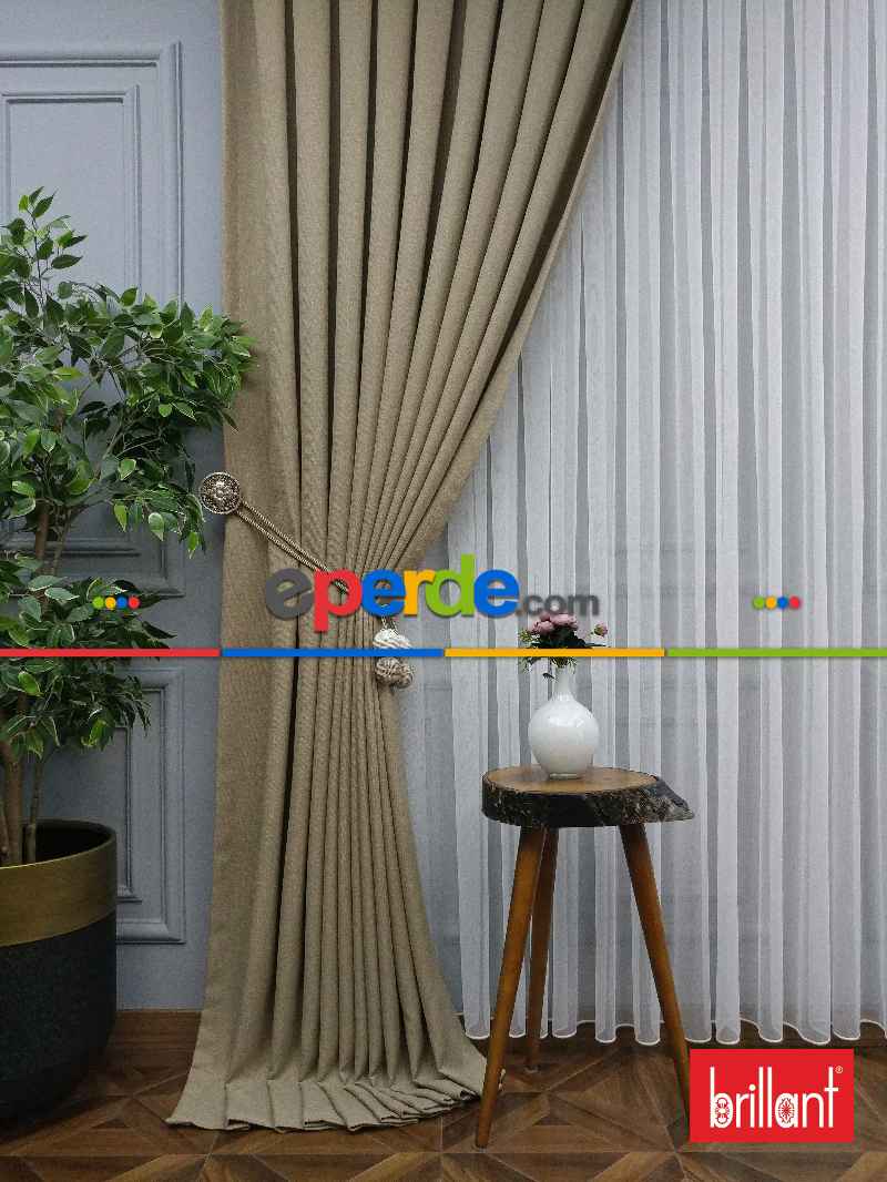 Brillant Keten Açık Bej Renk Düz Fon Perde - Bej
