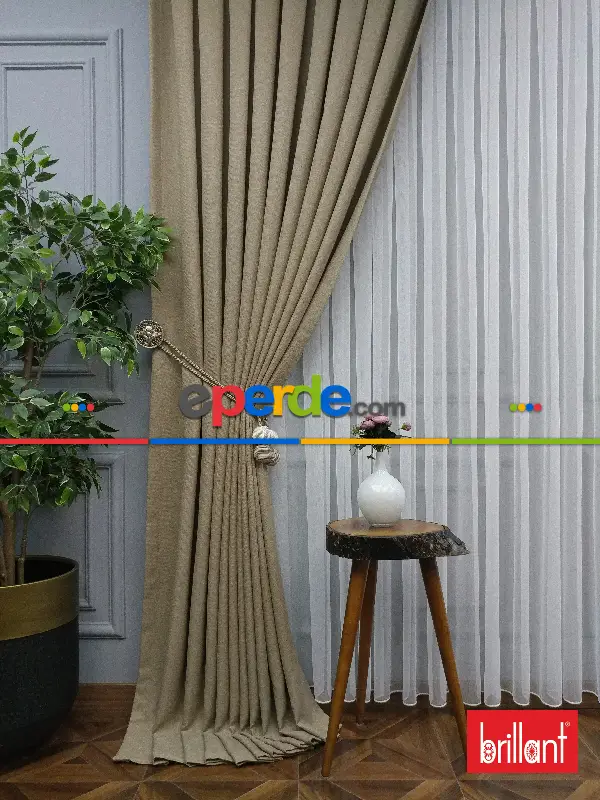 Yatak Odası - Brillant Keten Açık Bej Renk Düz Fon Perde - Bej
