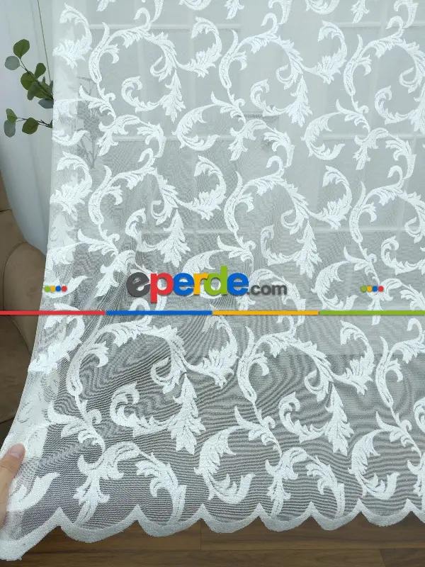 Tül Perde Ve Kruvaze Perde Şal Desenli ( Dantel Tül)- Ekru
