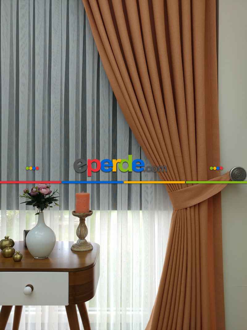 Yatak Odası - Keten Oranj Renk Düz Fon Perde- Turuncu