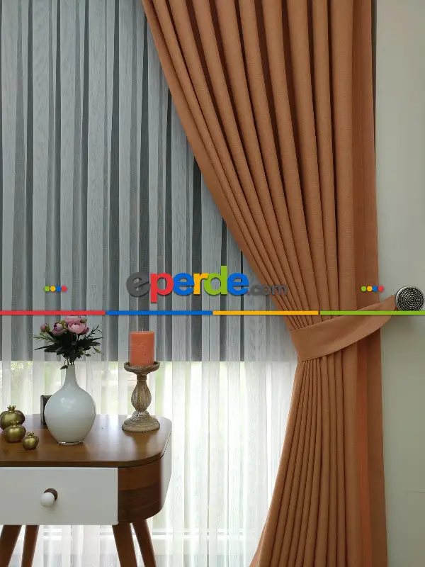 Yatak Odası - Keten Oranj Renk Düz Fon Perde- Turuncu