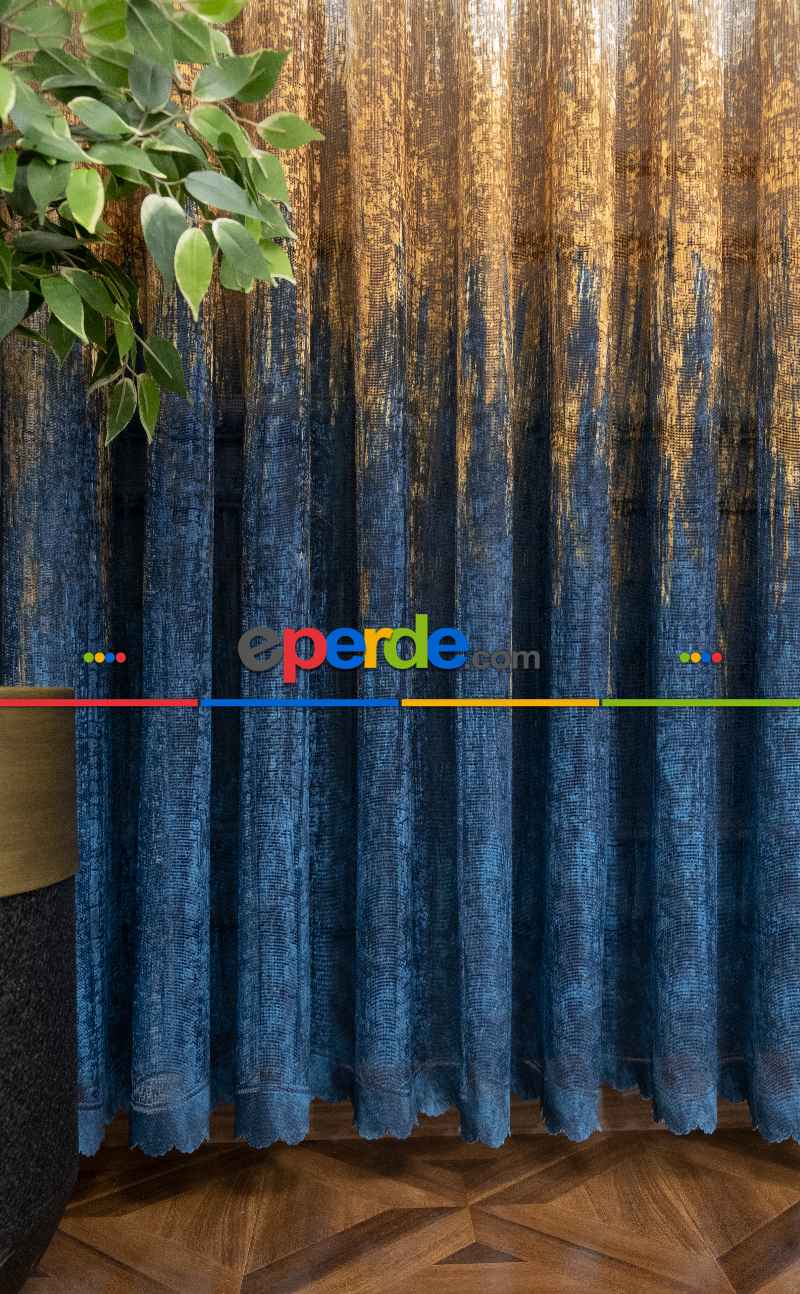 Salon Tül Modelleri - Modern Hardal Ve Mavi Desenli Degrade Geçişli Örme Tül Perde Yüksek Kalite