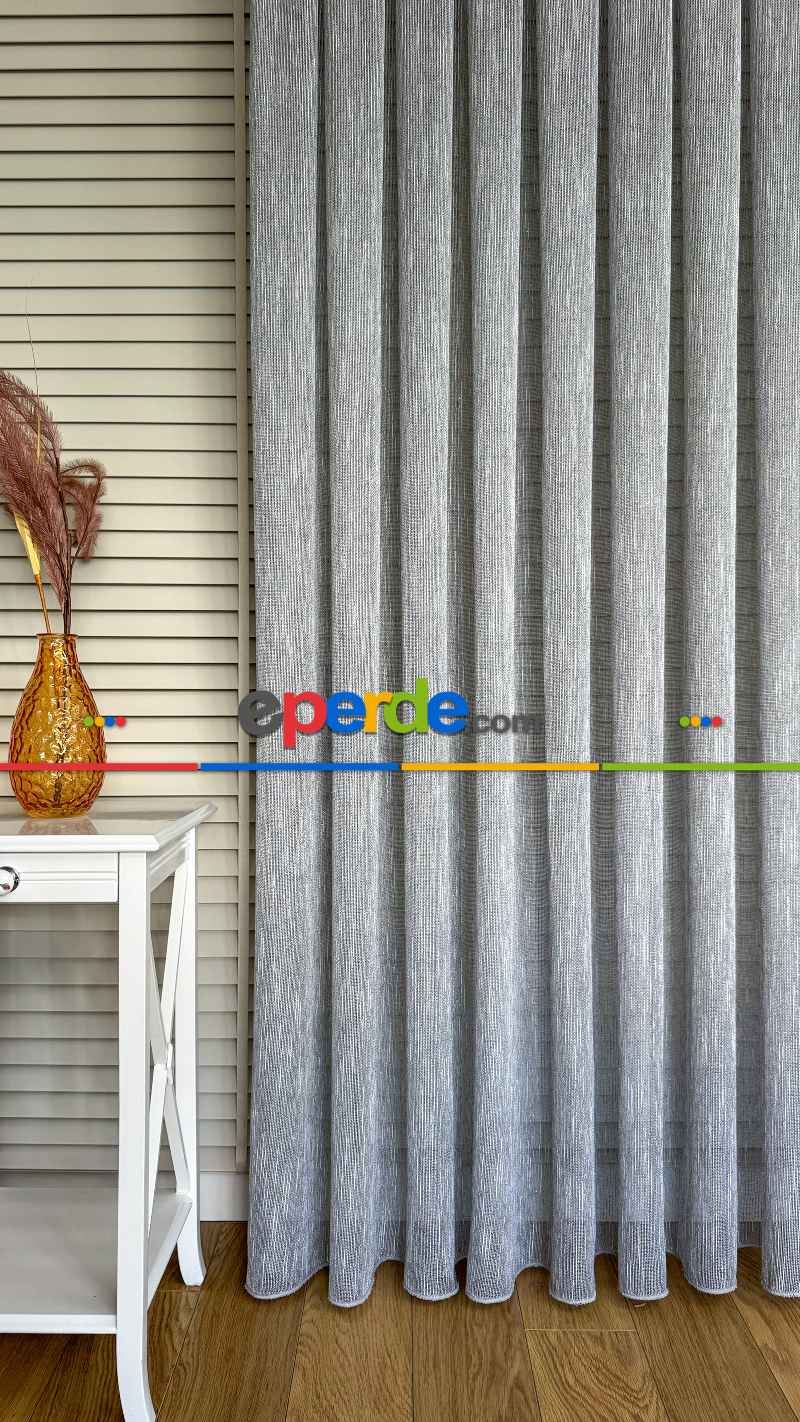 Mutfak Gri Şantuk Keten Tül Perde - Hafif Gümüş Simli - Ağır Gramajlı Premium