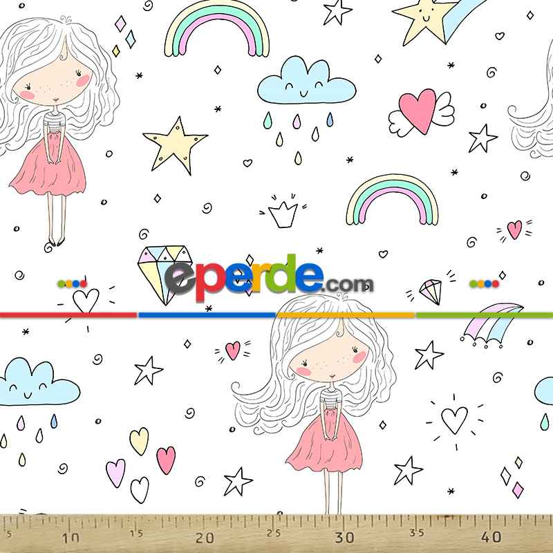 Kız Çocuk Desenli Fon Perde Evm699 Kumaşı Kalındır Duck Bezi Değildir- Beyaz-Pembe