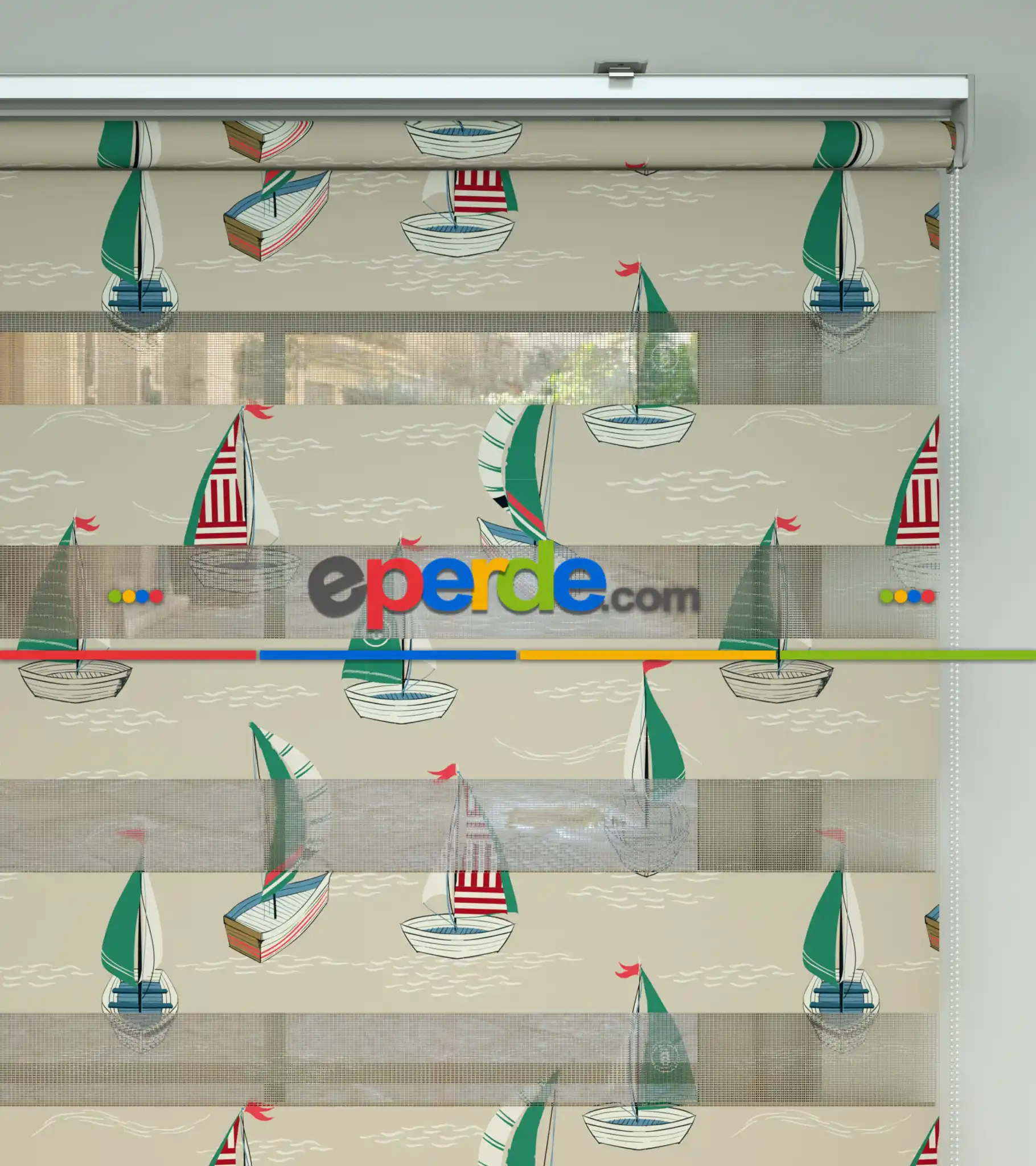 Bebek Odası Zebra Perde - Gemi Desen Baskılı Zebra Perde- Yeşil-Kırmızı-Bej