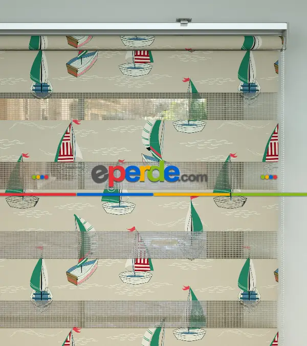 Bebek Odası Zebra Perde - Gemi Desen Baskılı Zebra Perde- Yeşil-Kırmızı-Bej