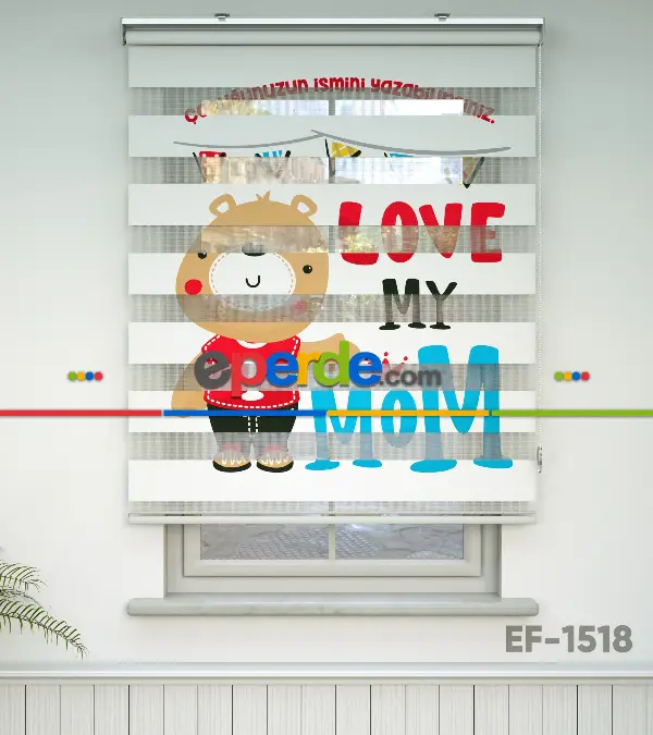 Sevimli Ayıcık Desenli Özel Baskılı Zebra Perde- Çok Renkli