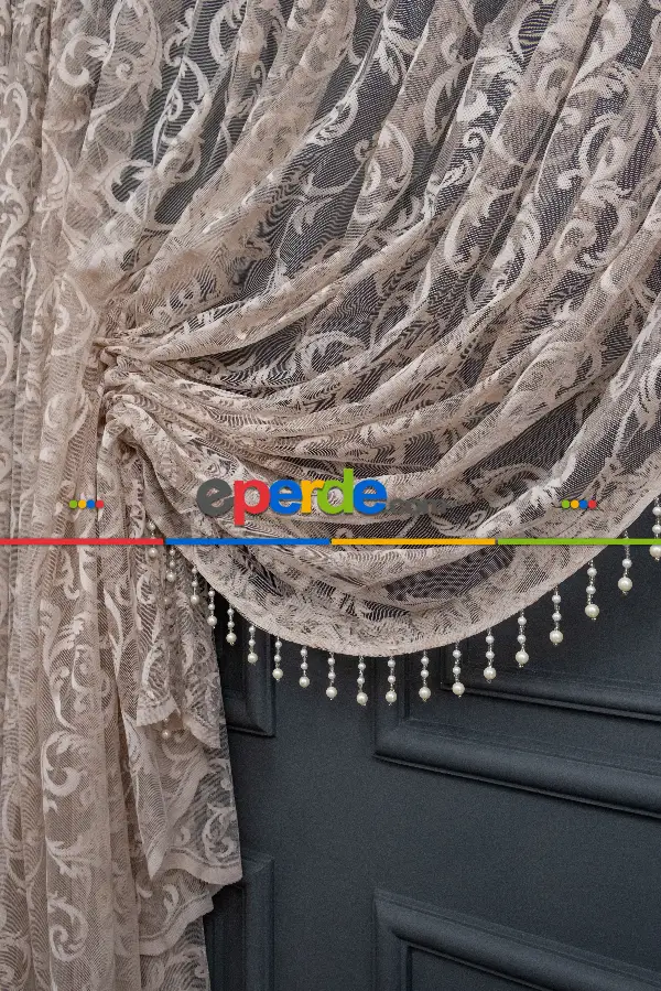 Salon Tül Modelleri - Vizon Bej Açık Kahverenk Renk Desen Şal Model Tül Kruvaze Yanki Tül