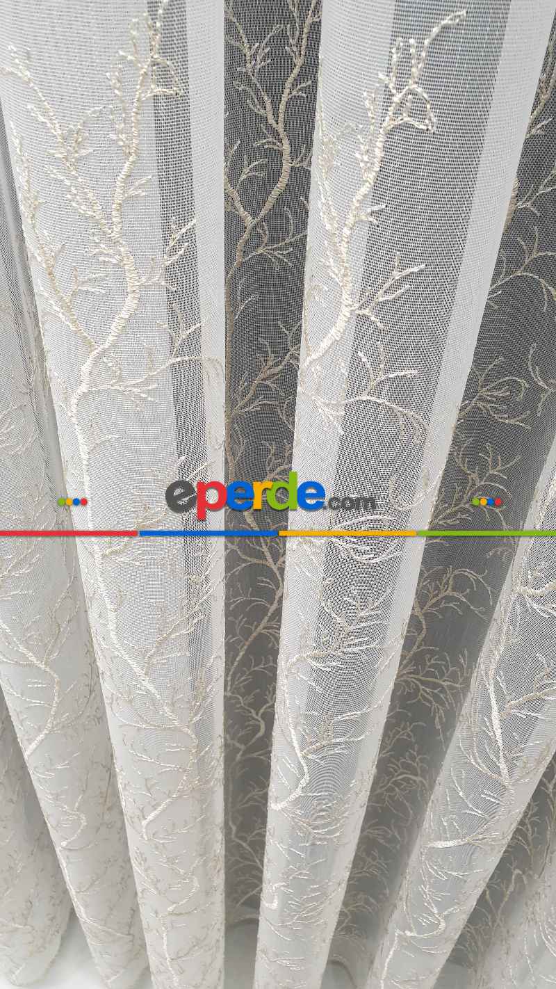 Oturma Odası - Selvi Ağaç Desenli İşlemeli Tül Perde - Krem