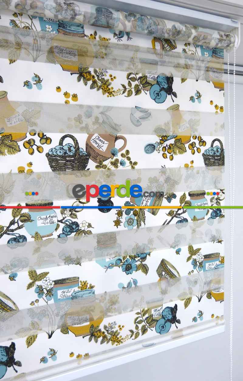 Mutfak Zebra Perde 12-768- Turkuaz-sütlü Kahve