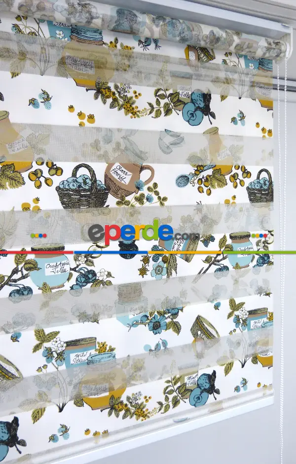 Mutfak Zebra Perde 12-768- Turkuaz-sütlü Kahve