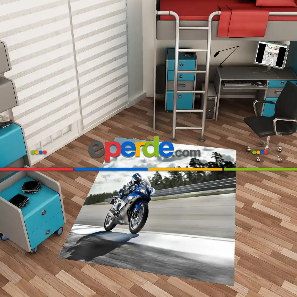 Çocuk & Genç Odası Motorsiklet Desenli 3d Baskılı Halı-  Çok Renkli 2