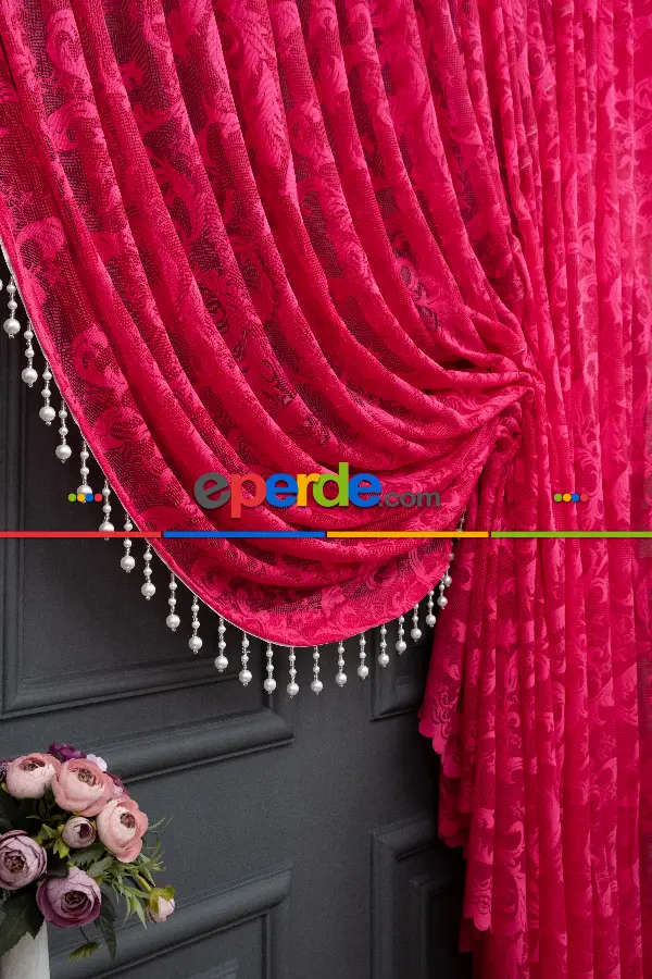 Fuşya Pembe Sarmaşık Desen Şal Model Tül Kruvaze Yanki Tül