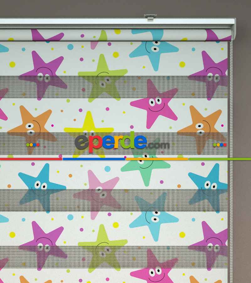 Yıldız Desenli Baskılı Zebra Perde- Çok Renkli