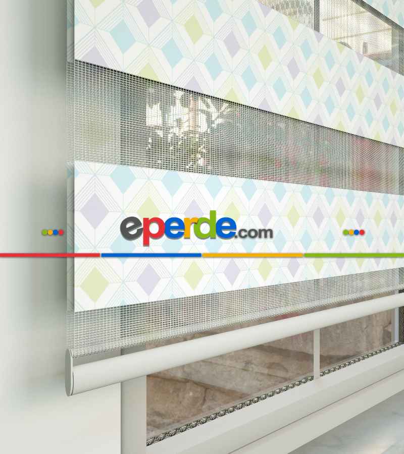 Geometrik Desenli Baskılı Zebra Perde- Çok Renkli