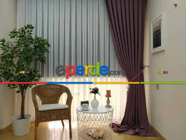 Yatak Odası - Keten Mürdüm Renk Düz Fon Perde - Mürdüm