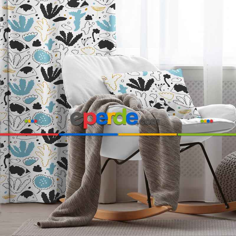 Çocuk Odası - Mavi Siyah Desenli Fon Perde Evim428 Kumaşı Kalındır Duck Bezi Değildir- Mavi-beyaz