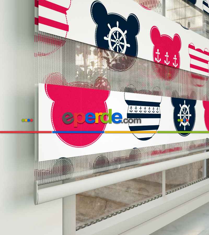 Bebek Odası Zebra Perde - Çapa Baskılı Zebra Perde- Lacivert-Beyaz-Fuşya