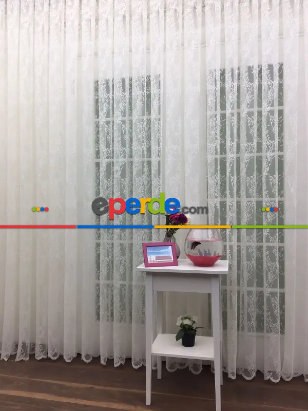 Spor Sarmaşık Desenli Tül Perde - Kruvaze Model Dikiş Seçenekli - Örme Tüldür - Ütü İstemez