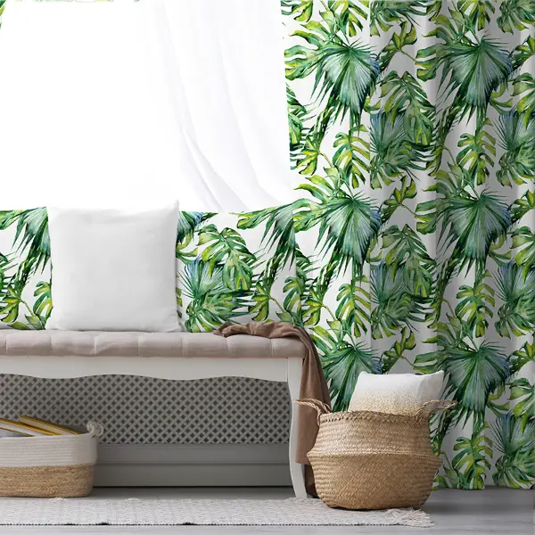 Tropikal Yaprak Desenli Fon Perde Evim226 Kumaşı Kalındır Duck Bezi Değildir- Mavi-beyaz