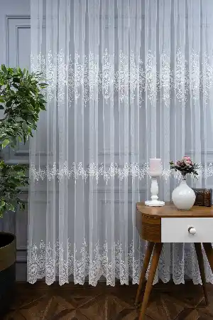 Misafir Odası - Side Brode Nakışlı Tül Perde- Ekru