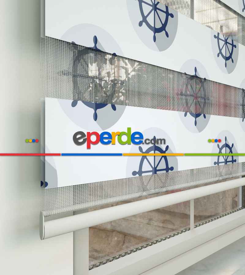 Çocuk Odası Zebra Perde - Dümen Baskılı Zebra Perde- Lacivert-Beyaz-Gri Açık