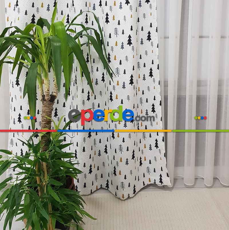 Çam Ağacı Desenli Fon Perde K601 Kumaşı Kalındır Duck Bezi Değildir- Beyaz