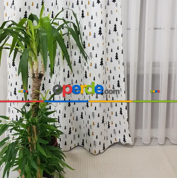 Kız, Erkek, Çocuk ve Bebek Odası Fon Perde - Çam Ağacı Desenli - Siyah Gri Sarı