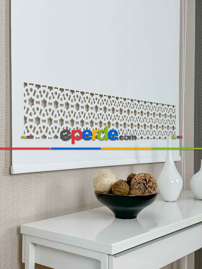 Ekru Lazer Kesimli Stor Perde ( Lazer Kesim Fiyata Dahildir) Metal Kasalı - Yüksek Kalite - Kornişe Kolay Montaj Seçenekli