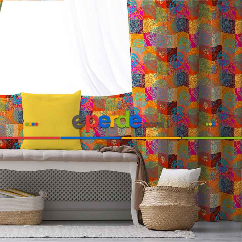 Etnik Desenli Fon Perde Evim K-209 Kumaşı Kalındır Duck Bezi Değildir