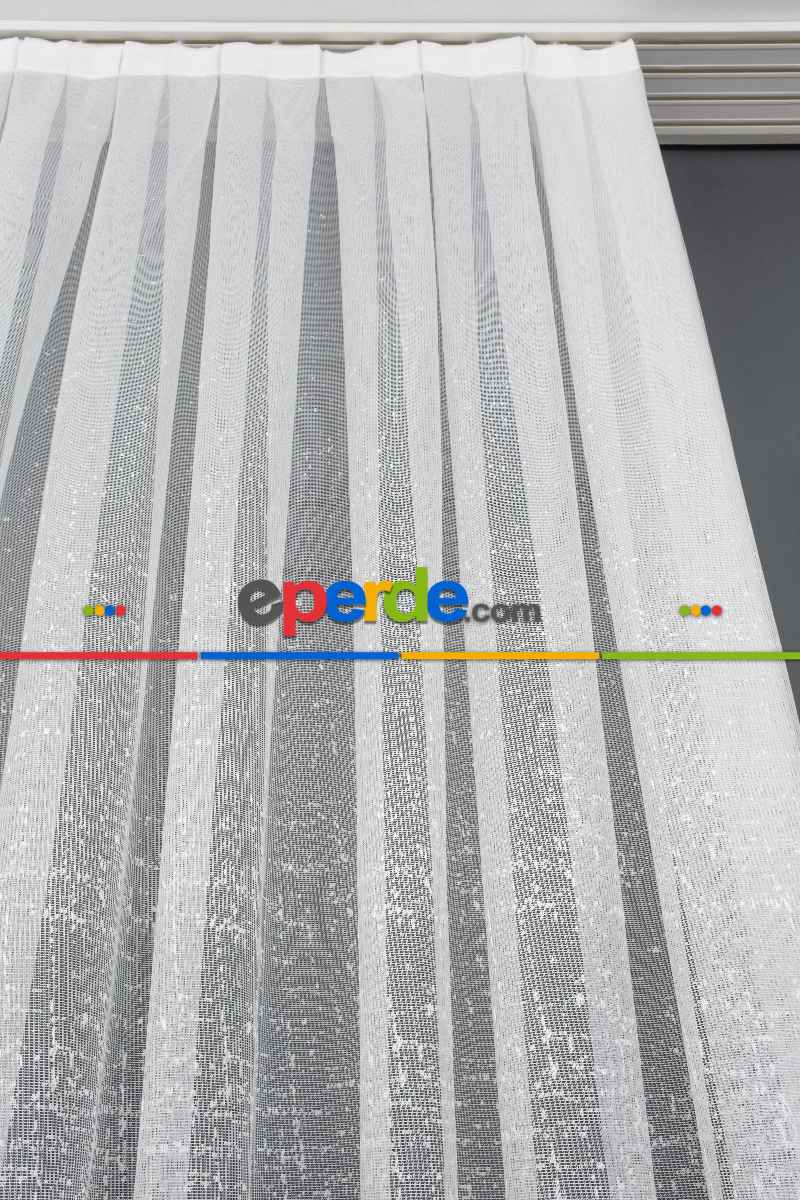 mutfak - Gri Modern Çizgili Örme Tül - Eteği Açık Gri Üstü Ekru Renk ( Degrade Geçişli )