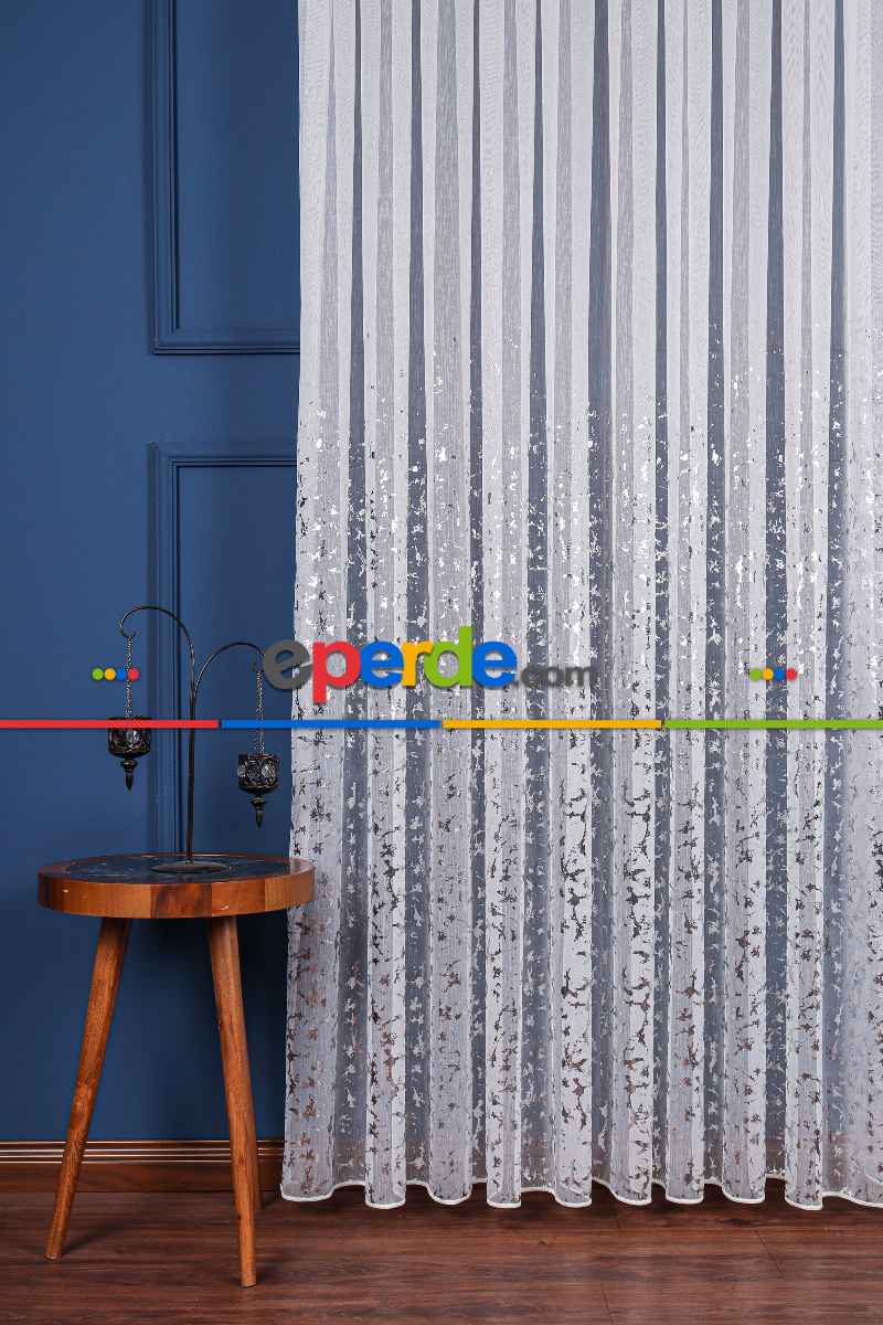 Salon Tül - Cam Kırığı Dijital Baskılı Tül Perde Ekru-gümüş