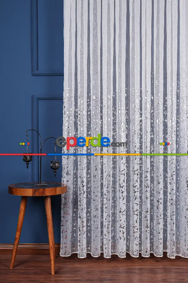 Salon Tül - Cam Kırığı Dijital Baskılı Tül Perde Ekru-gümüş