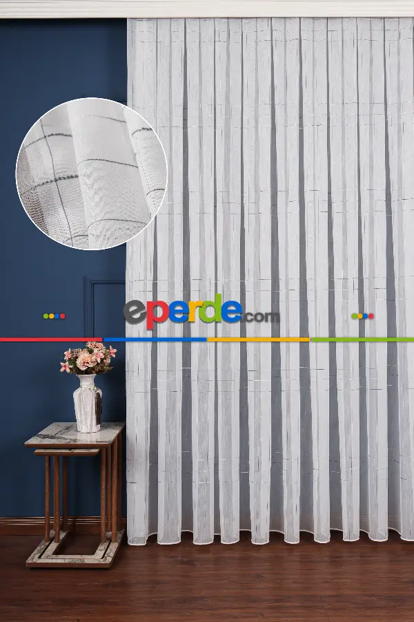 Salon Tül - Bambu Zemin Geometri Nakış İşlemeli Tül Perde