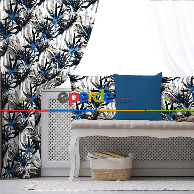 Lacivert Tropik Desenli Fon Perde Evim738 Kumaşı Kalındır Duck Bezi Değildir- Mavi-beyaz
