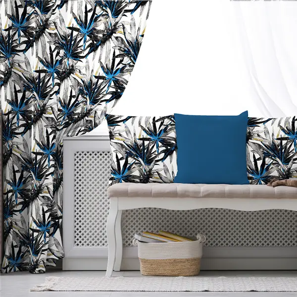 Lacivert Tropik Desenli Fon Perde Evim738 Kumaşı Kalındır Duck Bezi Değildir- Mavi-beyaz