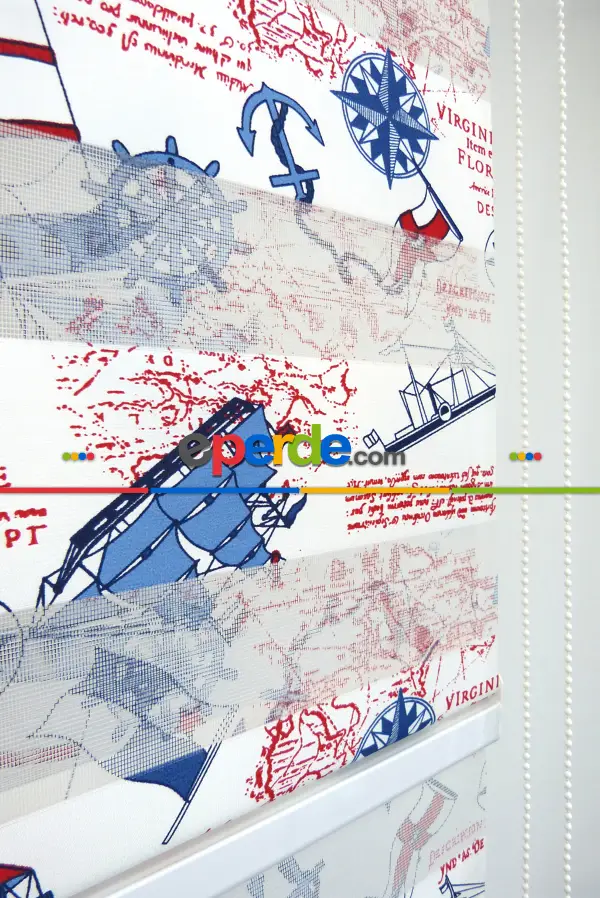 Bebek Odası Zebra Perde - Gemici Desen Zebra Perde Kıds 4343-04- Mavi