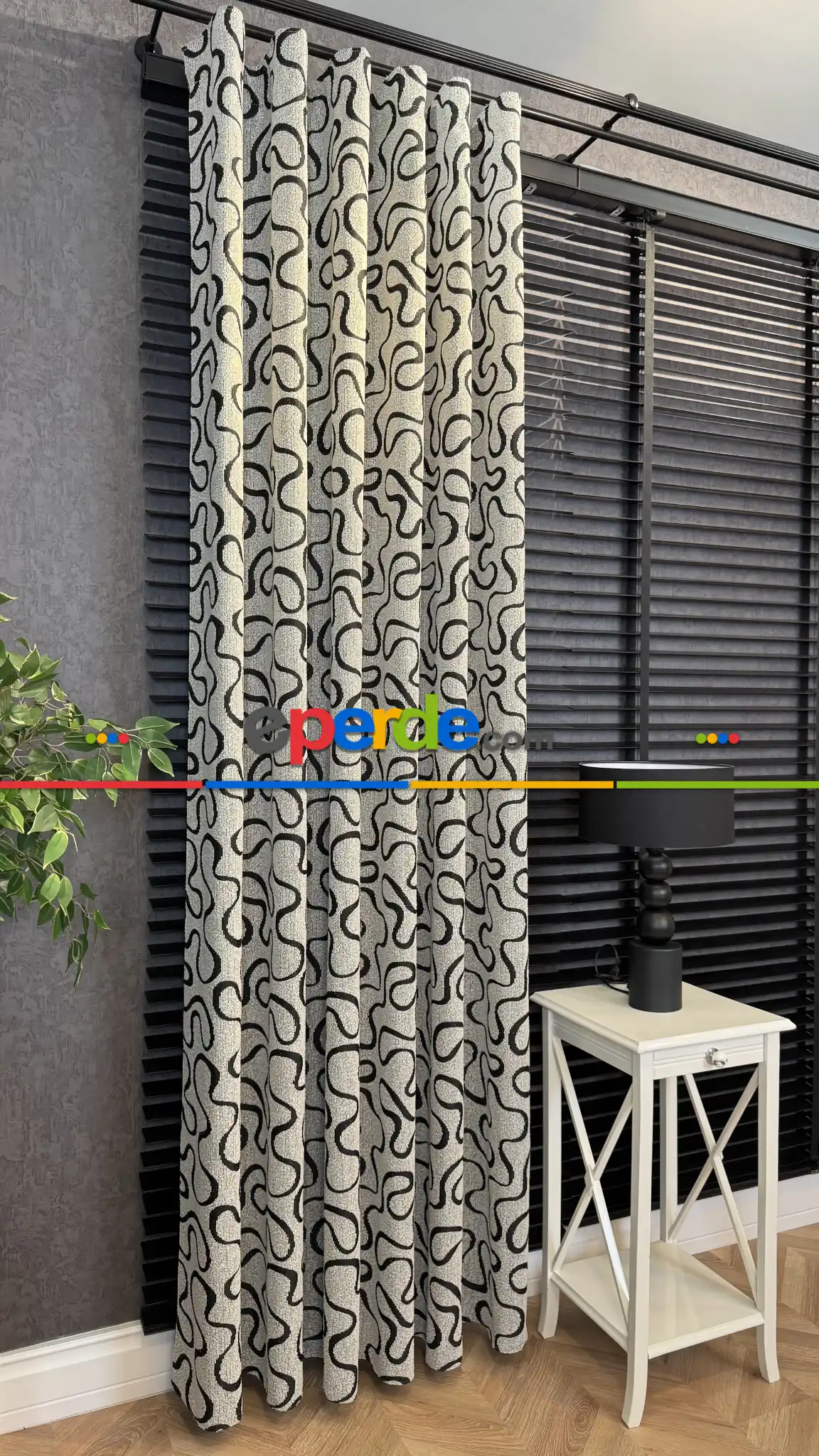 Ekru Jakar Dokuma Fon Perde Siyah