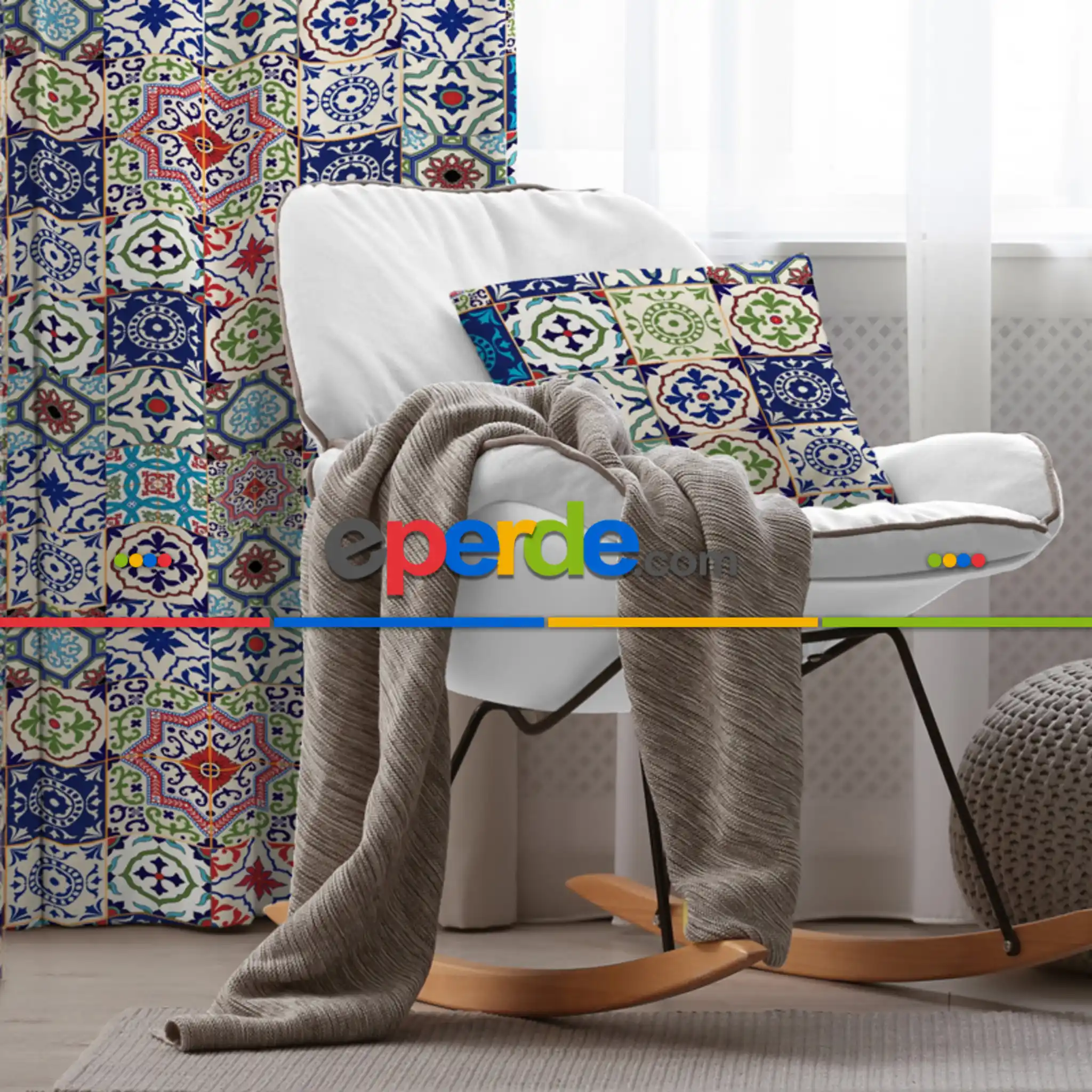 Etnik Renkli Desenli Fon Perde Evim382 Kumaşı Kalındır Duck Bezi Değildir- Mavi-beyaz