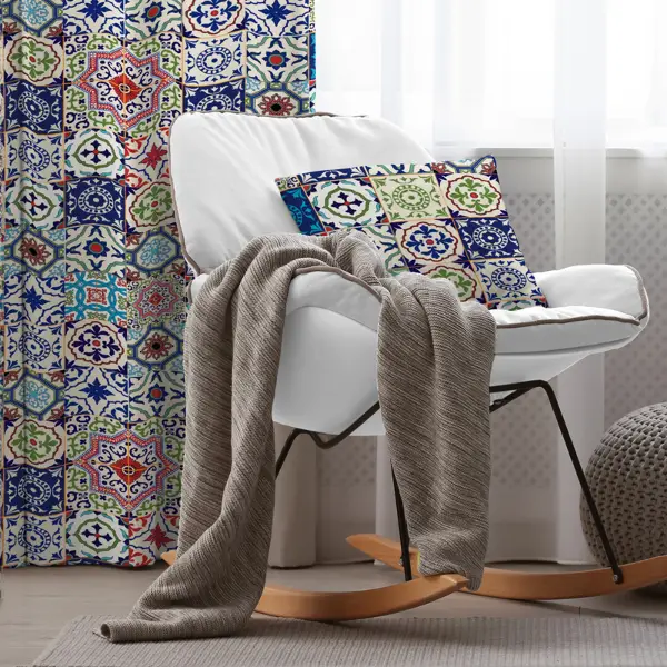 Etnik Renkli Desenli Fon Perde Evim382 Kumaşı Kalındır Duck Bezi Değildir- Mavi-beyaz