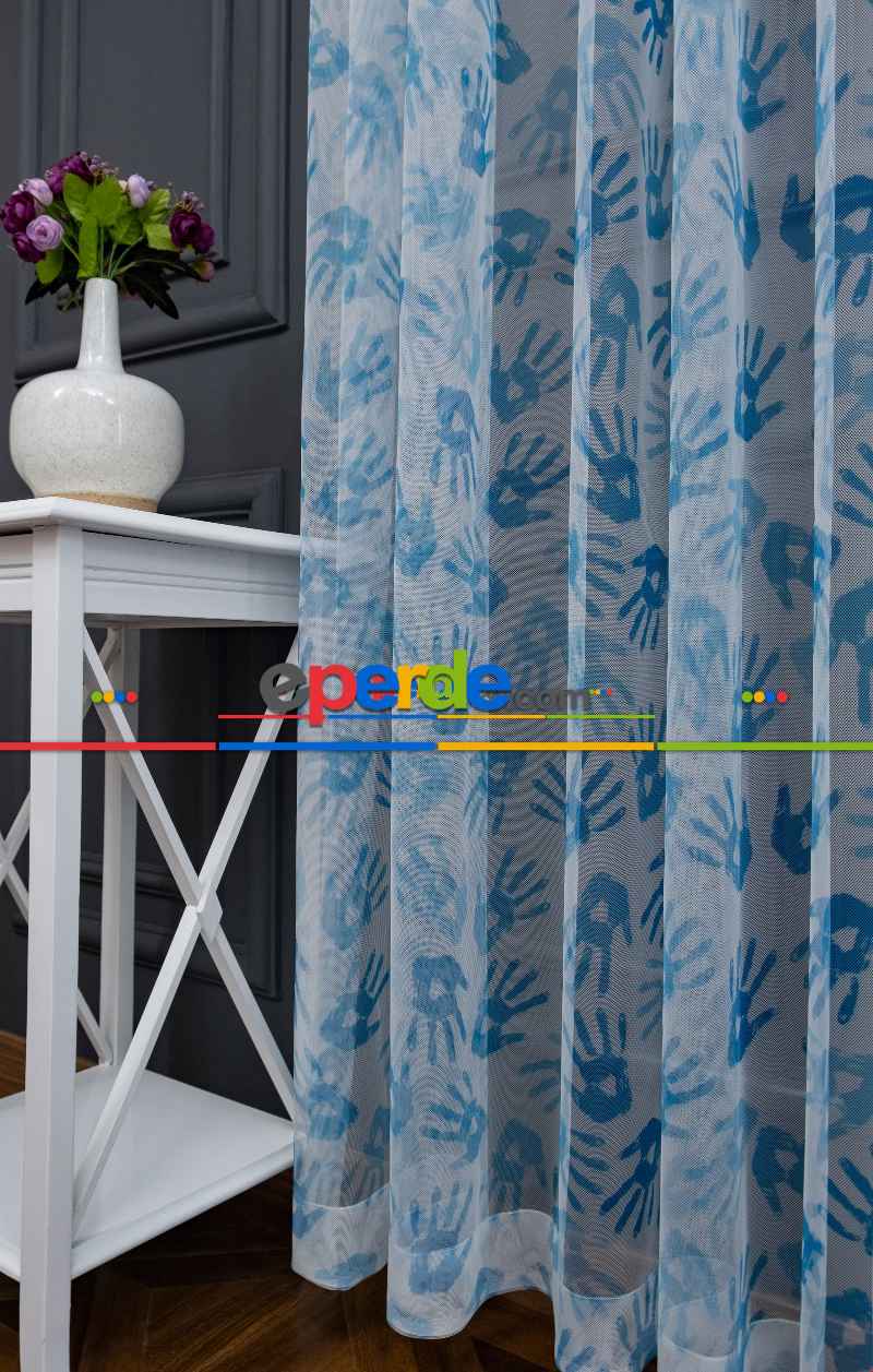 Hazır Ölçülü Petek Zemin Mavi Renkli Boyalı El Desenli Grek Baskılı Tül Perde 190cm X 255cm 