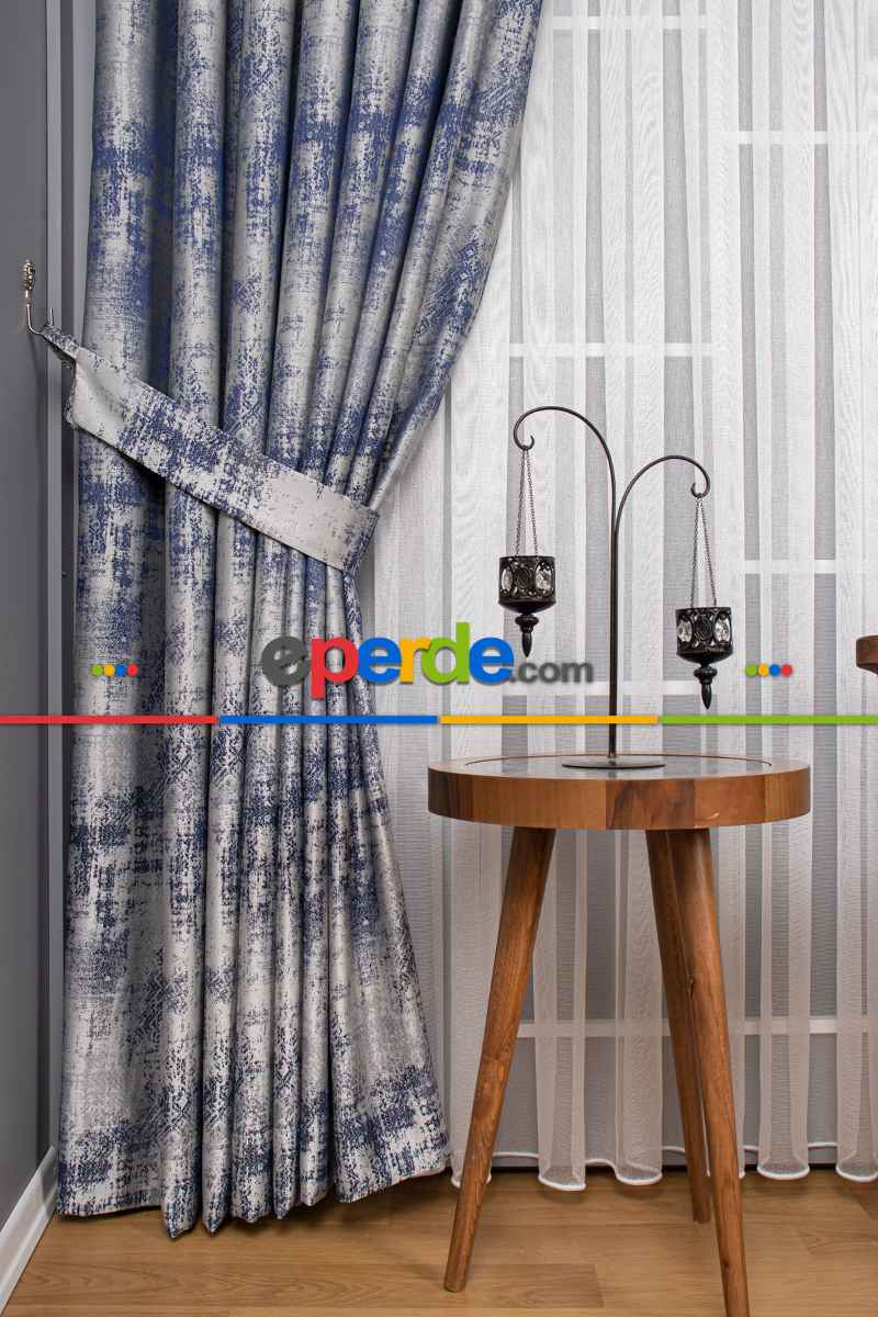 Jakar Dokuma Fon Perde - Mavi - Gri