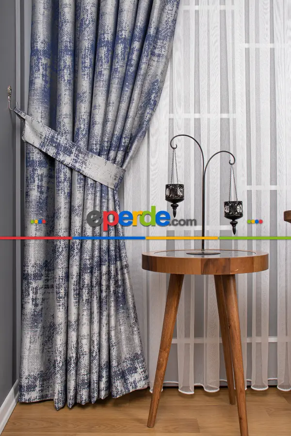 Jakar Dokuma Fon Perde - Mavi - Gri