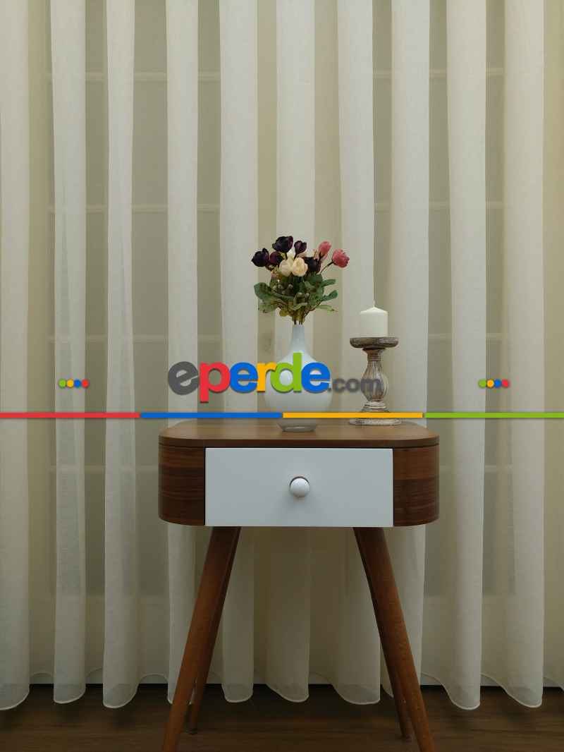 Krem - Keten Tül Perde- Krem - Kurşunlu Tül